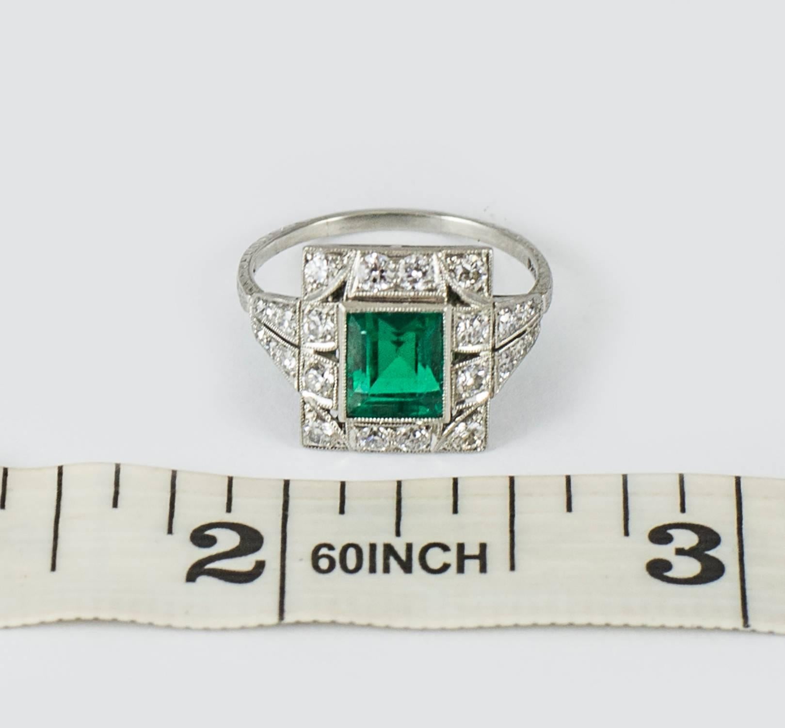 Art Deco Platinum Diamond and Emerald Ring For Sale 1