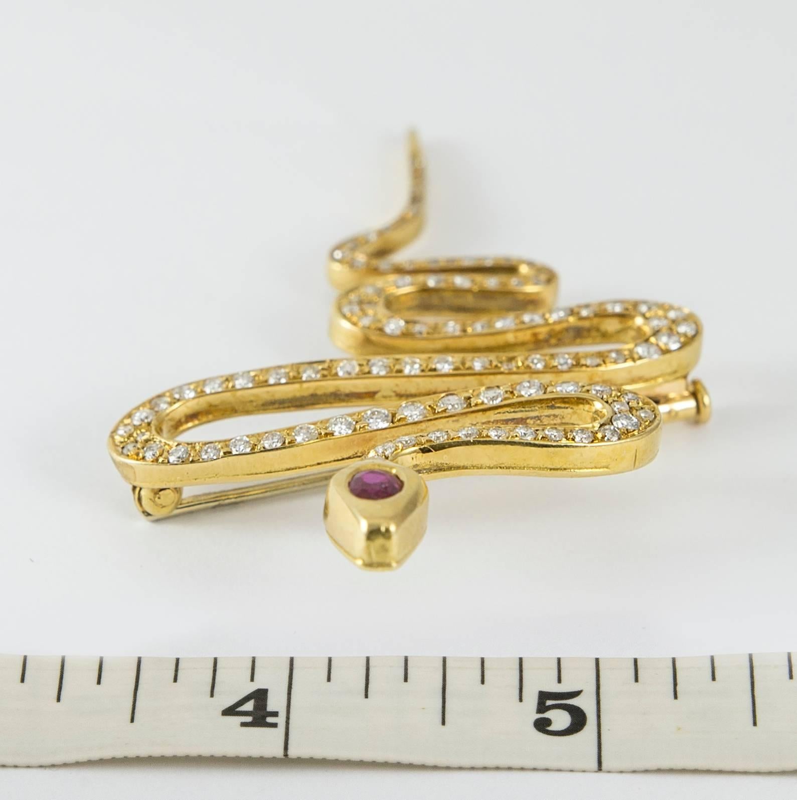 Vintage Gold Diamond and Ruby Snake Brooch For Sale 1