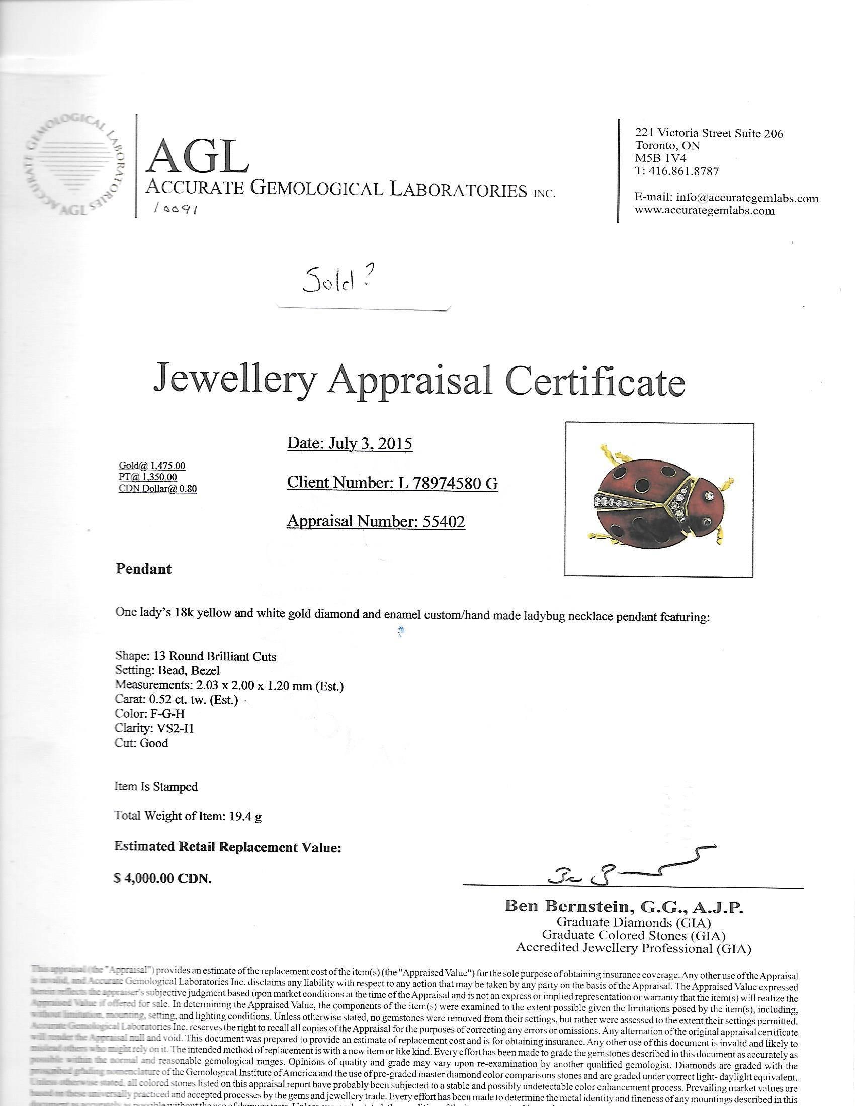 Gold Diamond and Enamel Lady Bug Pendant For Sale 1