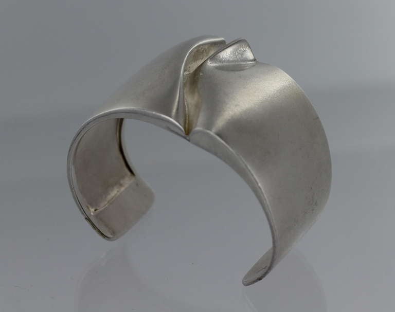 Bjorn Weckstrom Sterling Cuff Bracelet by Lapponia of Finland.  This sterling silver bracelet was designed by Bjorn Weckstrom in 1969.  This Modernist bracelet has matte finish.  The bracelet measures 1 3/4