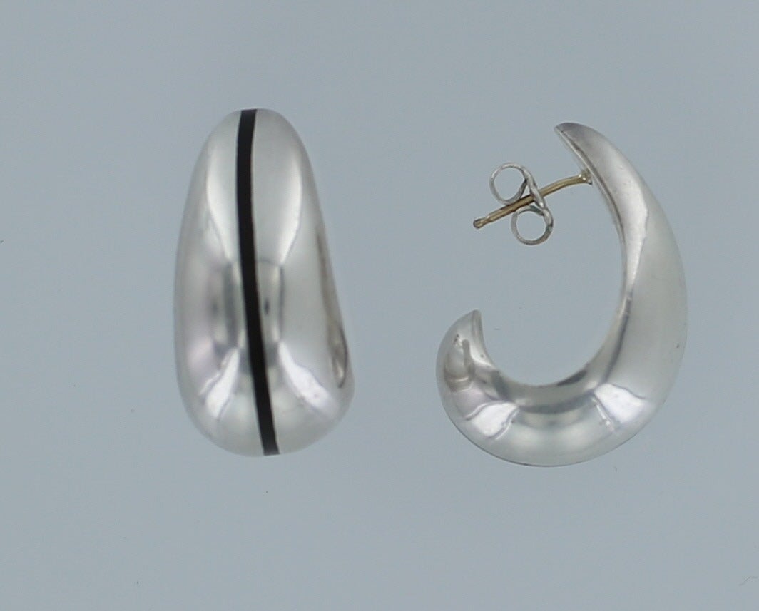 Tiffany & Co Sterling Silver hoop earrings with a black enamel stripe. For pierced ears