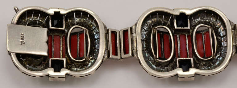 Theodor Farhner Art Deco Silver Marcasite  Bracelet with Coral and Onyx