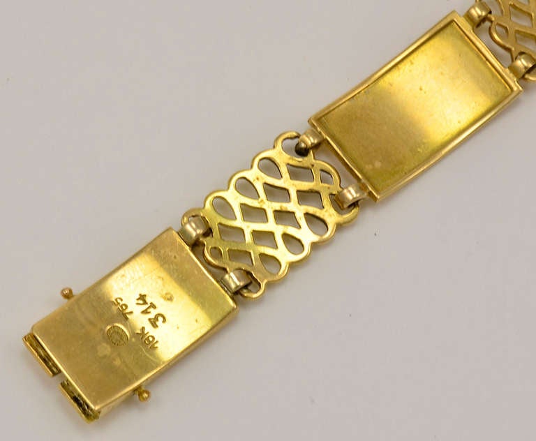 Georg Jensen 18kt Gold Bracelet No.314.  The Georg Jensen Gold Bracelet is 7.5 inches long and 7/16 inches wide.  With impressed marks for Georg Jensen 18kt 765 No.314