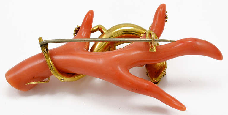 Wonderfully fun Victorian Coral Brooch with a Lizard. 15kt Gold Rose Diamond and Branch Coral
