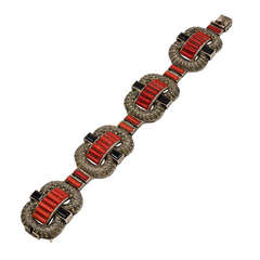 Theodor Farhner Art Deco Silver Marcasite  Bracelet with Coral and Onyx