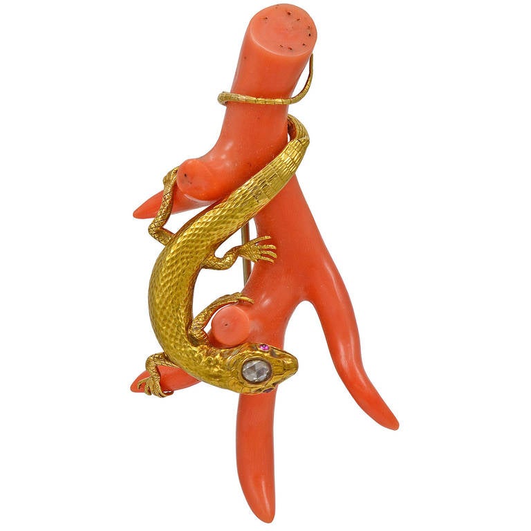 Victorian Coral Diamond Brooch with Gold Lizard