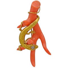 Antique Victorian Coral Diamond Brooch with Gold Lizard