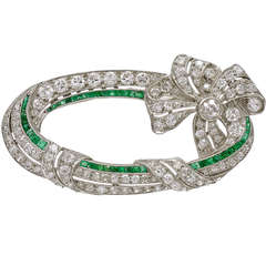 Art Deco Emerald Diamond Platinum Ribbon Brooch