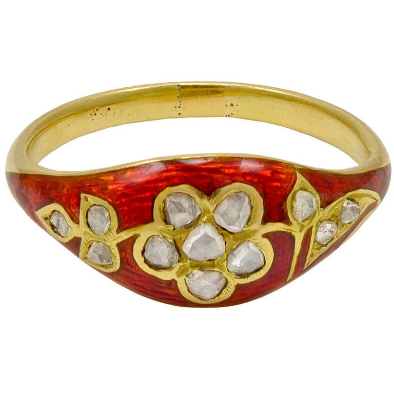 Red Enamel Rose Diamond Ring For Sale