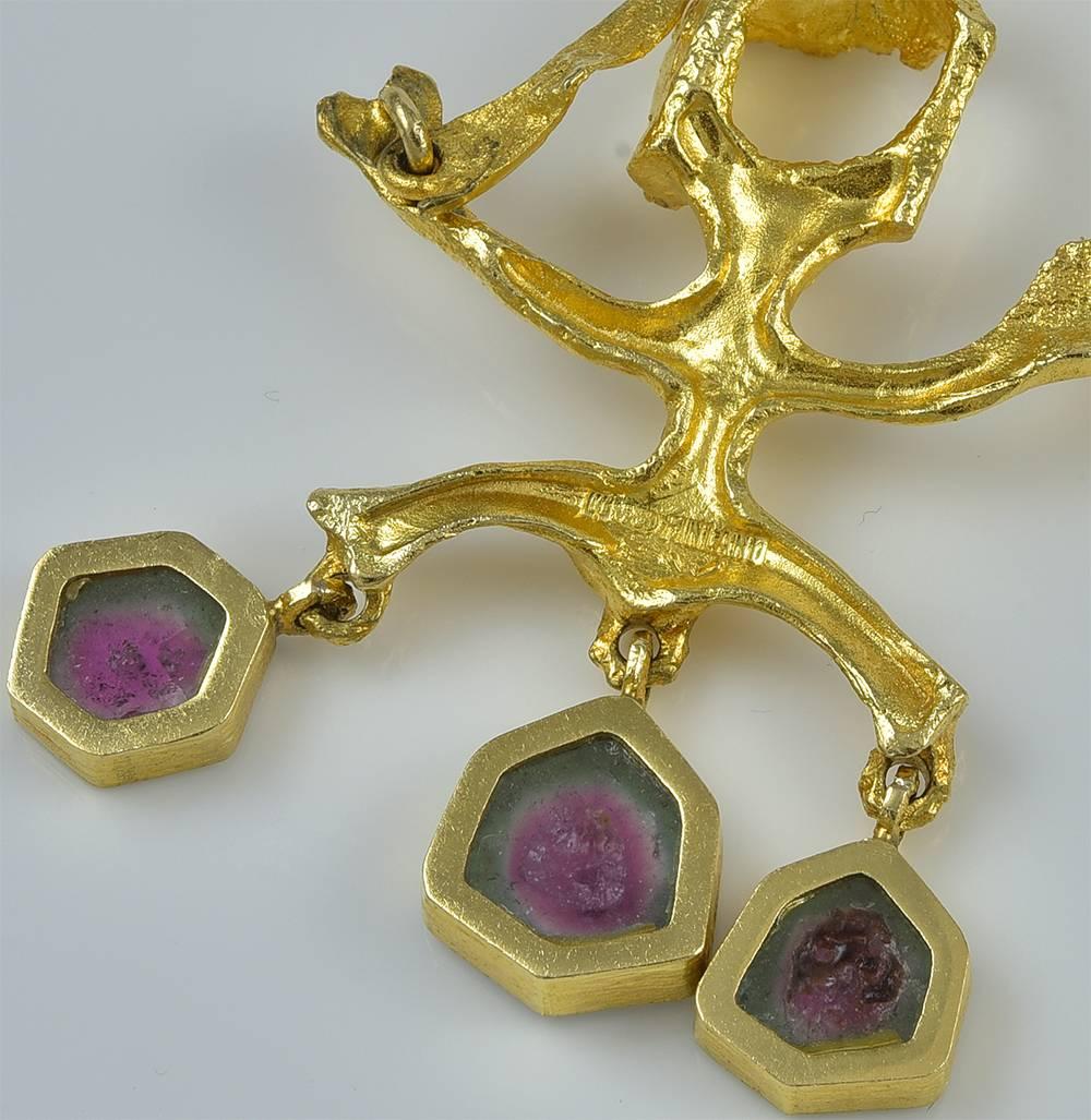 Bjorn Weckstrom Gold Necklace with Watermelon Tourmaline.   This necklace was designed Bjorn Weckstrom for Lapponia in the 1960's. This 18 karat yellow gold necklace is composed of sculptural links with three pendant style 'watermelon' tourmaline. 
