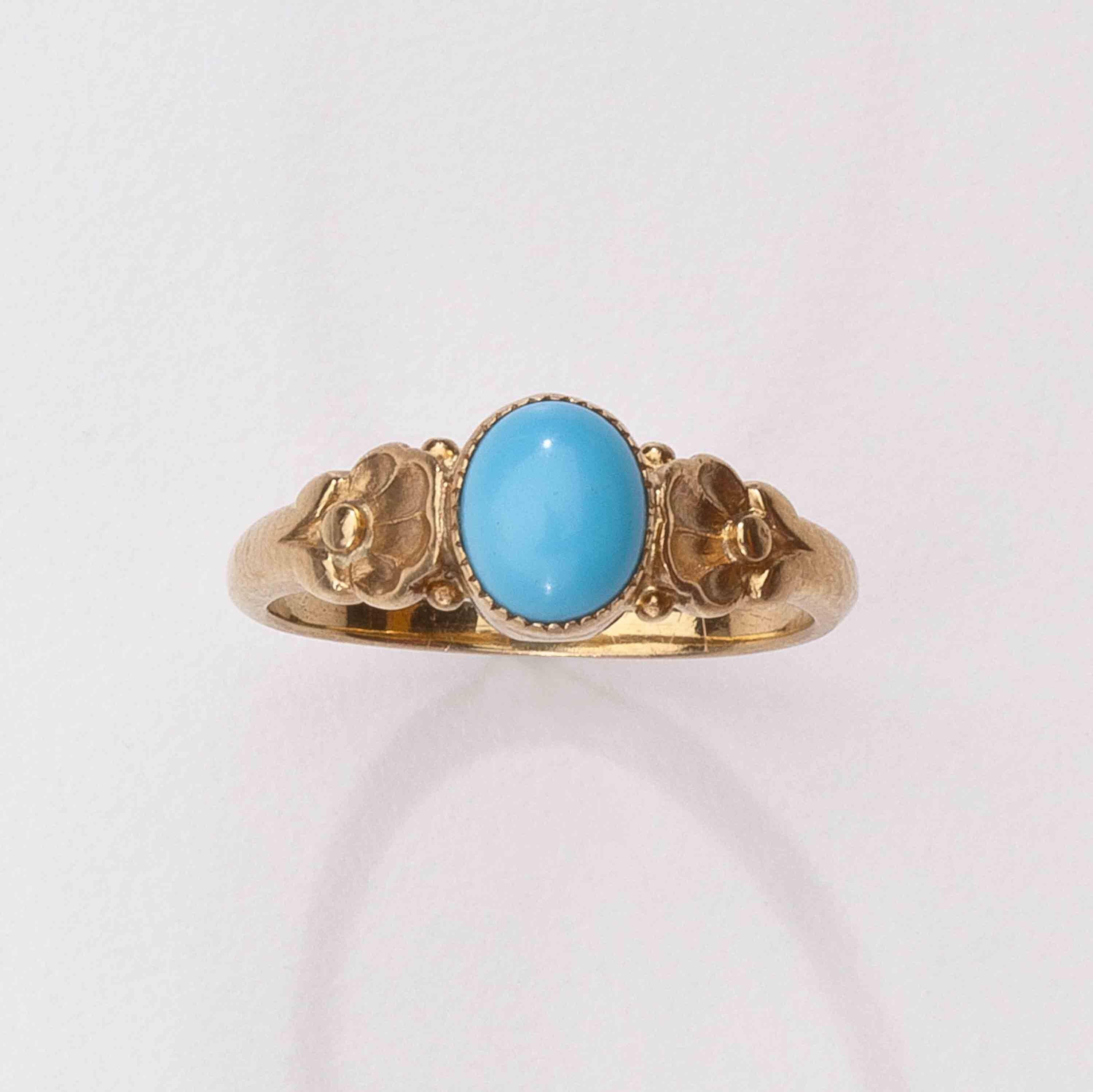 Georg Jensen Gold Ring No. 175 with Turquoise.  This ring is in 18 karat yellow gold and is set with a cabochon turquoise.  The ring bears impressed company marks for Georg Jensen, 765, 18K.  The ring is size 7 (can be resized).  The ring is in