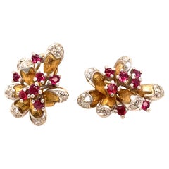 Orecchini in oro giallo e bianco 14ct con rubino e diamanti 1,80ct - 12,4g