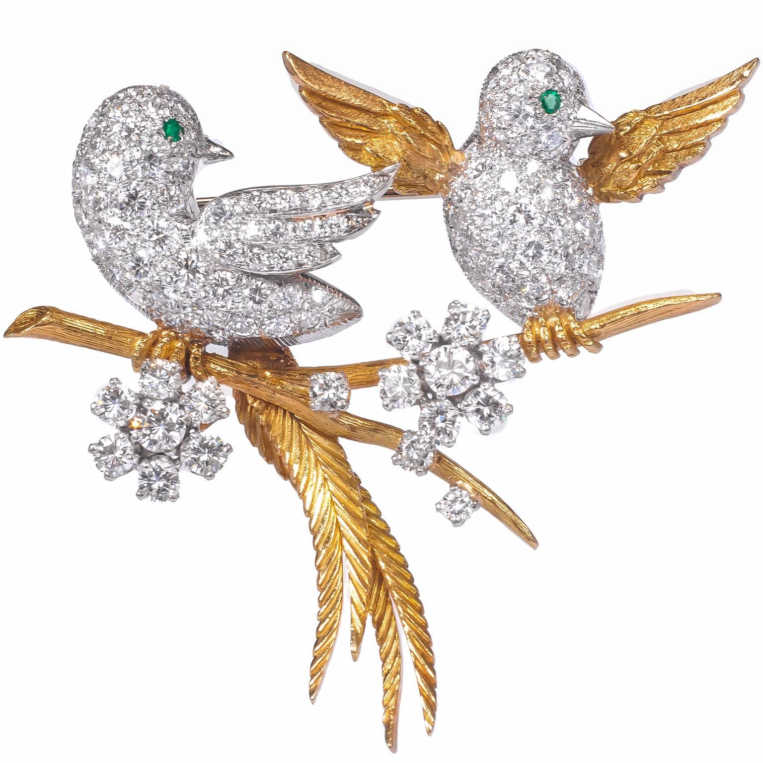 McTeigue New York Very Cute Emerald Diamond Love Birds Brooch For Sale