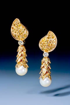 R. Boivin Elegant Fancy Colored Diamond Pearl  Gold Drop Earrings