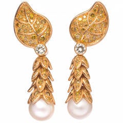 R. Boivin Elegant Fancy Colored Diamond Pearl  Gold Drop Earrings