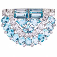 Cartier London Art Deco  Aquamarine Diamond Clip Brooch