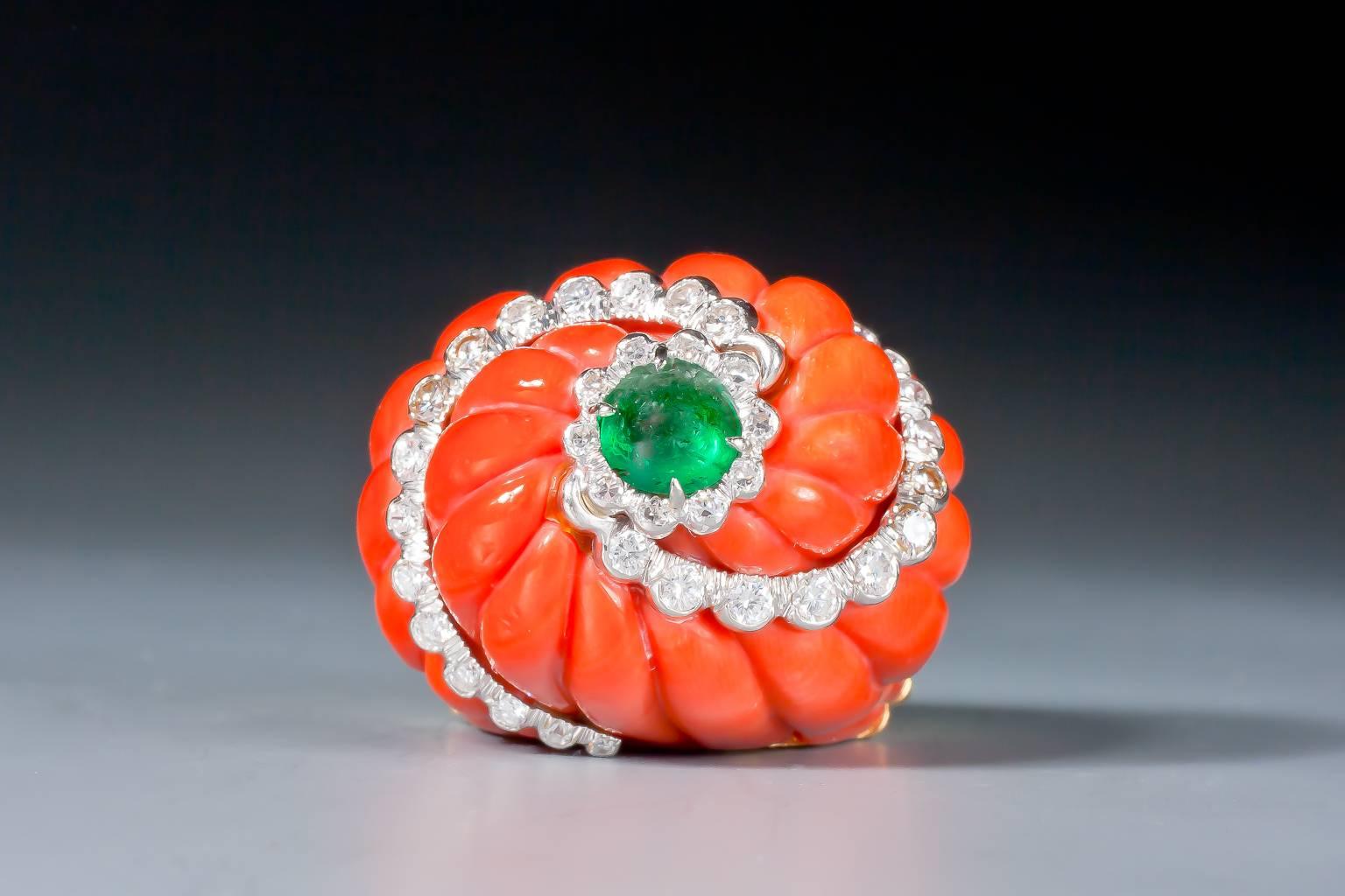 Women's 1960s David Webb Impressive Coral Emerald Diamond Gold Platinum Dome Ring For Sale