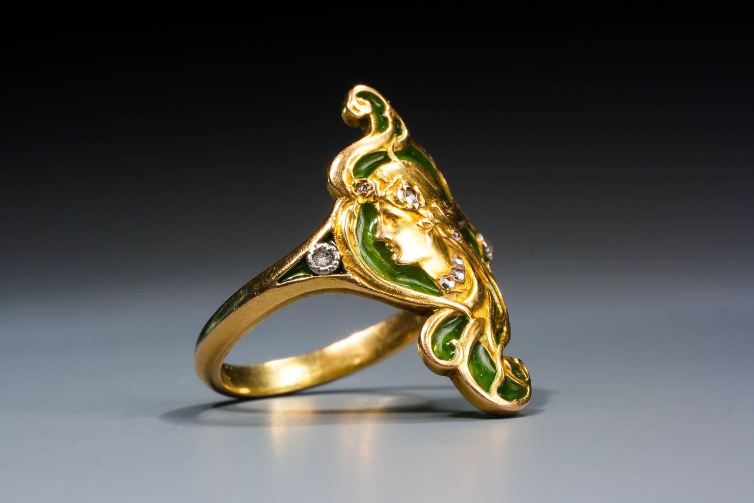 Very fine André Rambour Art Nouveau enamel diamond gold ring In Excellent Condition For Sale In Kortrijk, BE