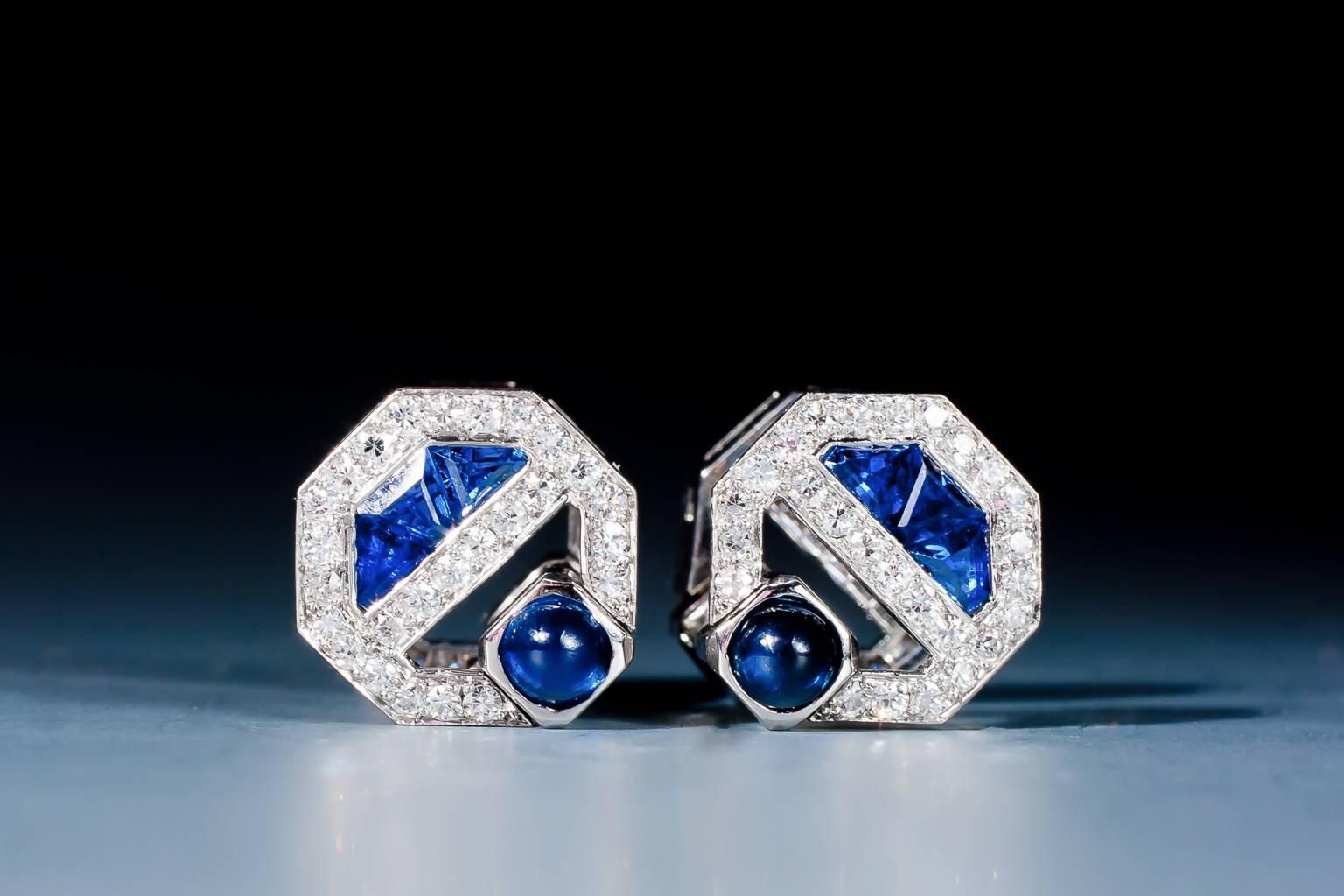 Men's Cartier Magnificent Art Deco Sapphire Diamond Cufflinks For Sale