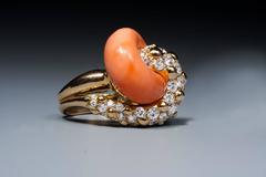 1960s French magnificent coral diamond gold swirl ring