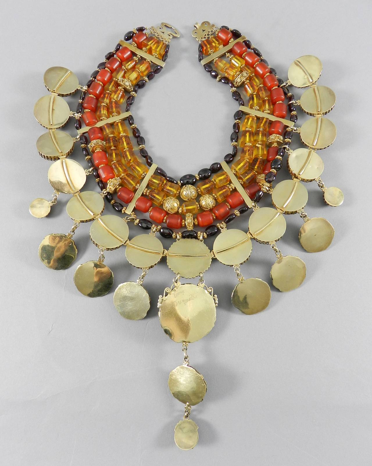 Tony Duquette 1999 Talisman Bib Necklace in Box - Amber and Garnet In Excellent Condition In Toronto, Ontario