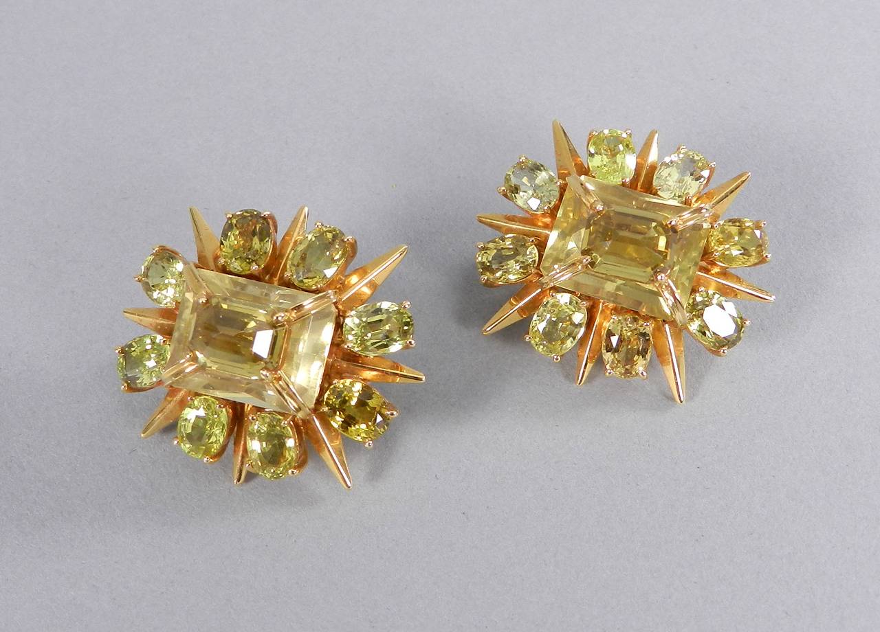 Tony Duquette Citrine Gold Starburst Clip On Earrings In Excellent Condition In Toronto, Ontario