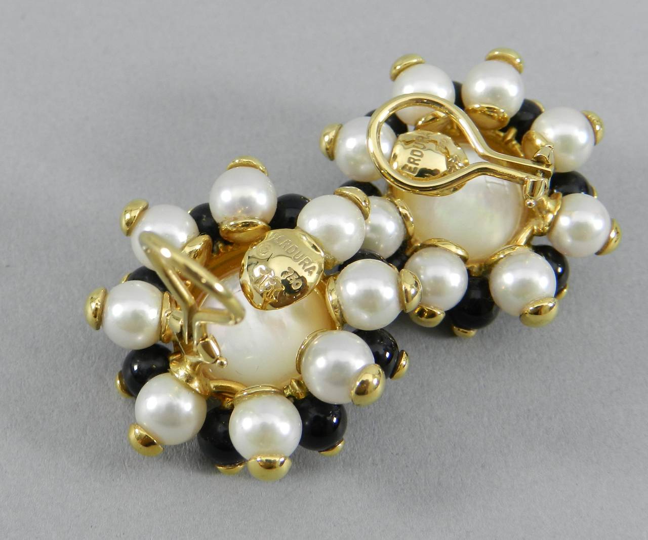 Verdura Pearl Onyx Gold Bead Clip Earrings In Excellent Condition In Toronto, Ontario