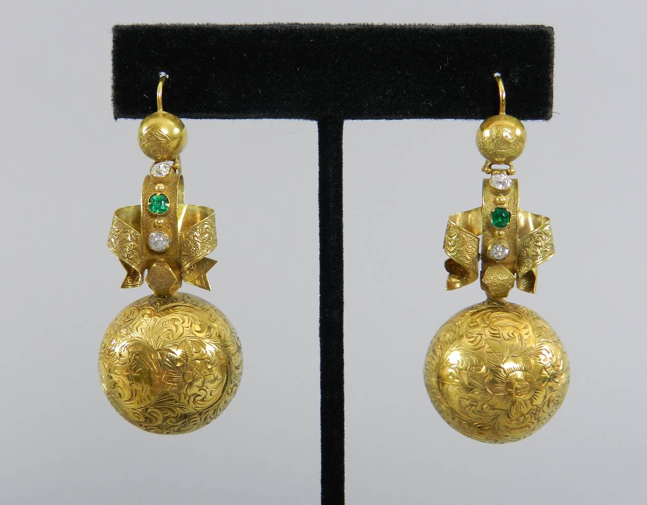 1880s Victorian Engraved Diamond Gold Ball Drop Earrings 1