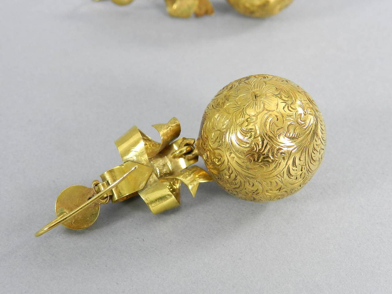 Women's 1880s Victorian Engraved Diamond Gold Ball Drop Earrings