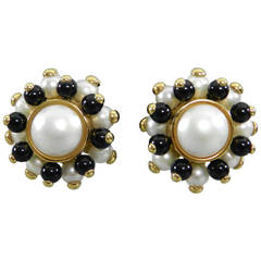 Verdura Pearl Onyx Gold Bead Clip Earrings