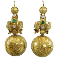 1880s Victorian Engraved Diamond Gold Ball Drop Earrings