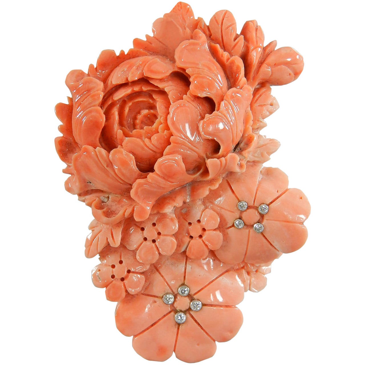 Carved Coral Flower Diamond 18k Pendant Necklace at 1stdibs
