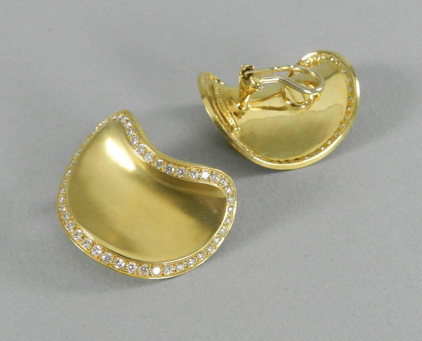 1987 Angela Cummings Diamond Brushed Gold Clip Earrings 1