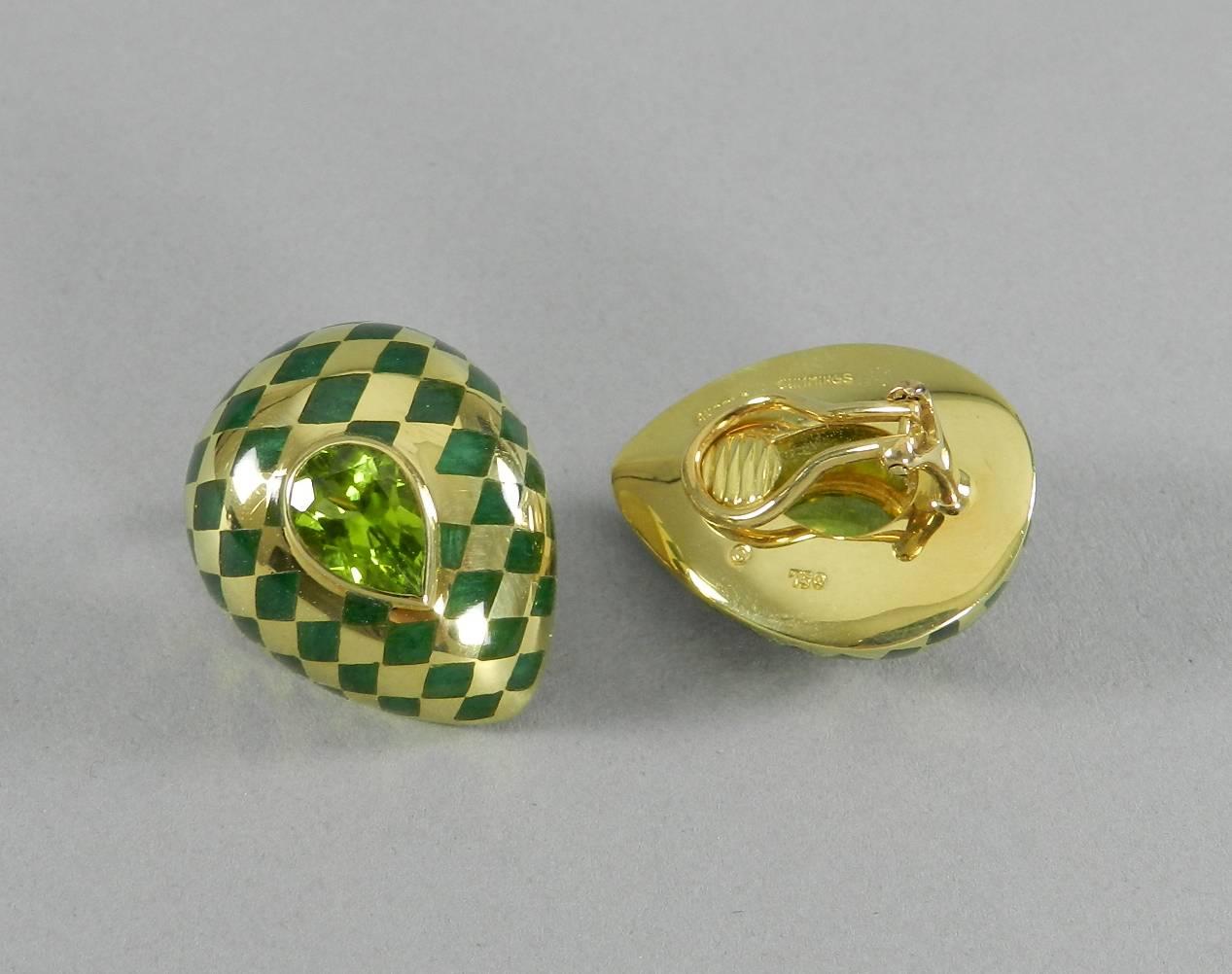 Angela Cummings Peridot Gold Inlay Clip Earrings In Excellent Condition In Toronto, Ontario