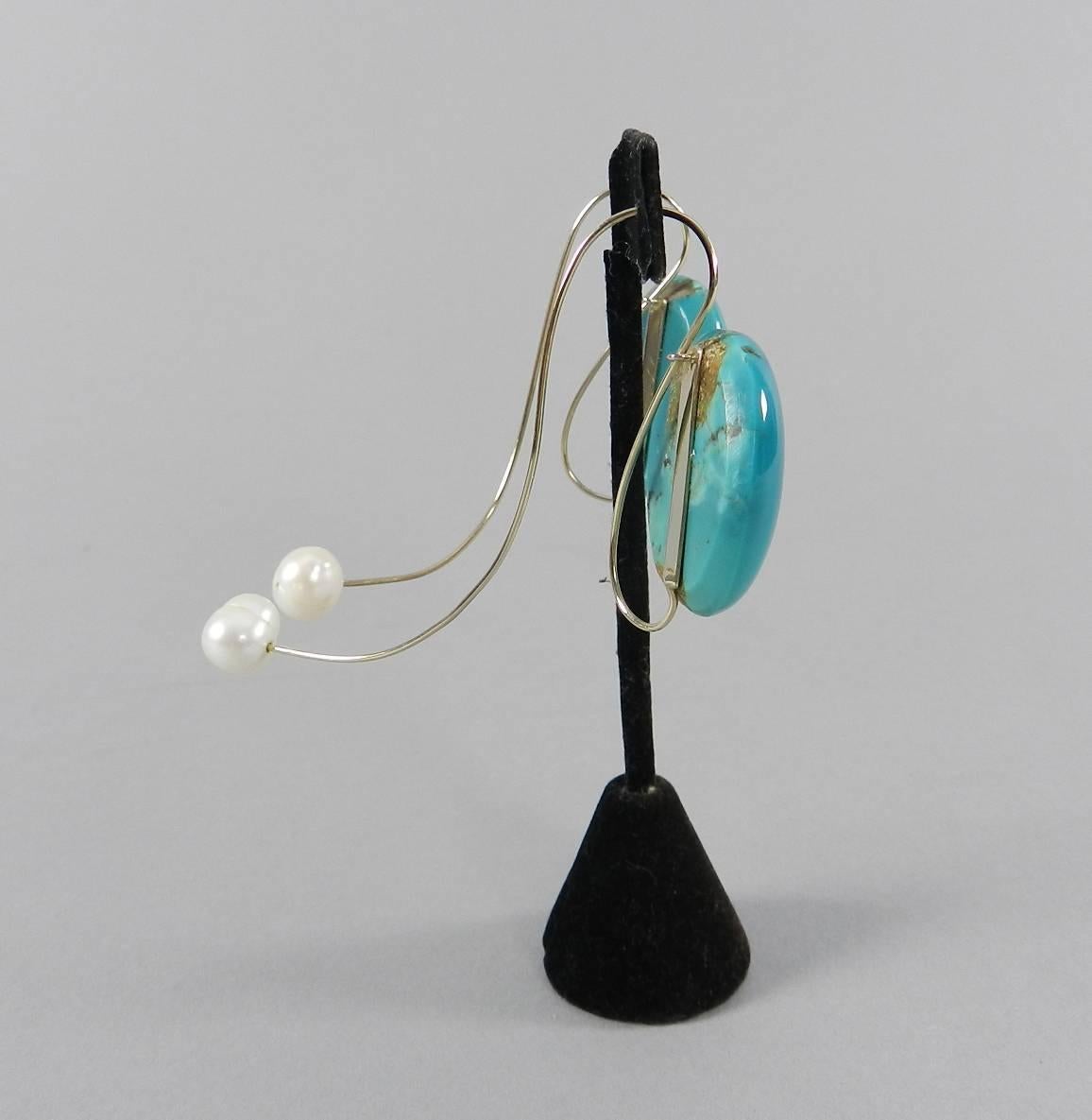 Women's Angela Pintaldi Pearl Turquoise Gold Modernist Abstract Earring