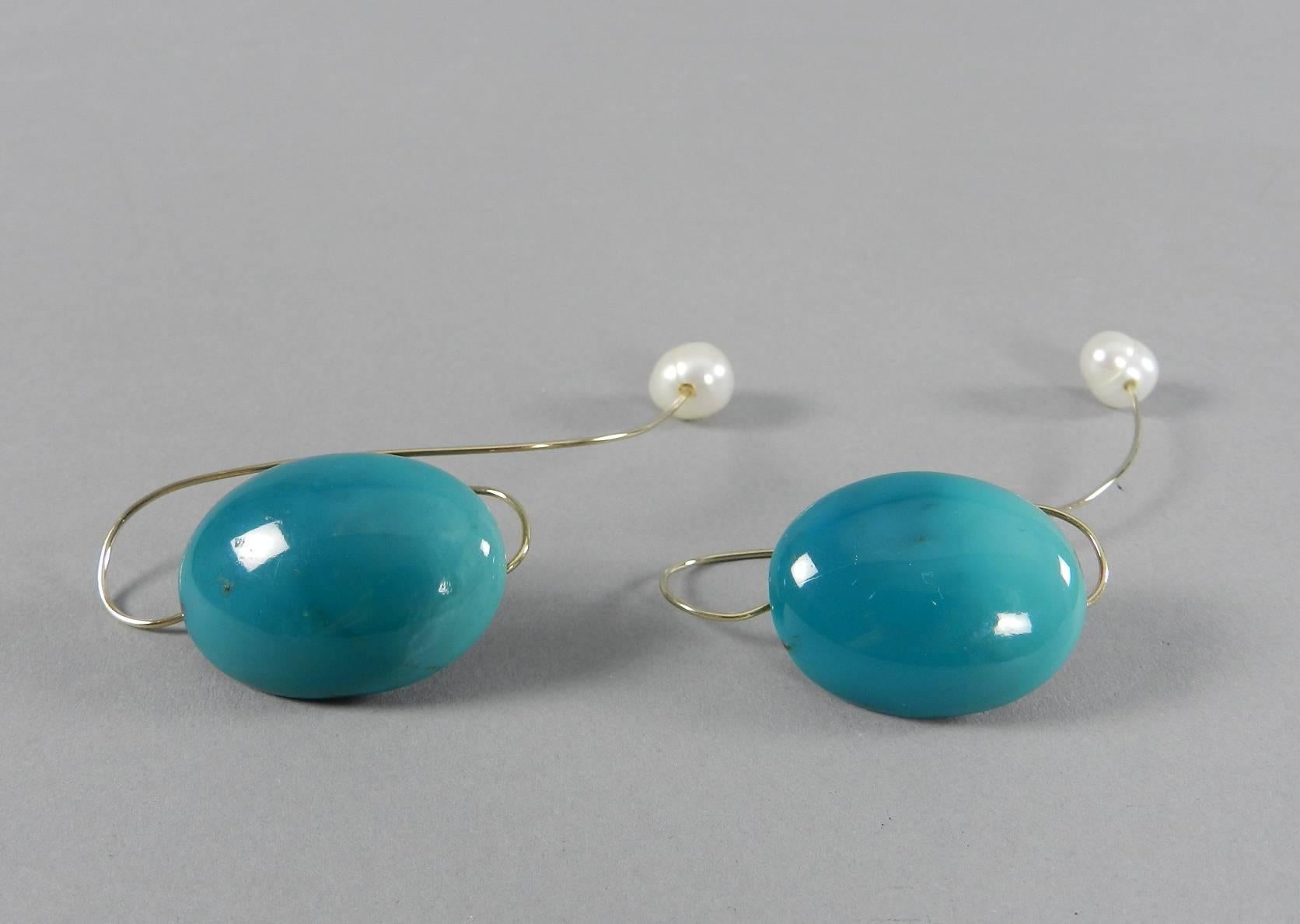 Angela Pintaldi Pearl Turquoise Gold Modernist Abstract Earring 1