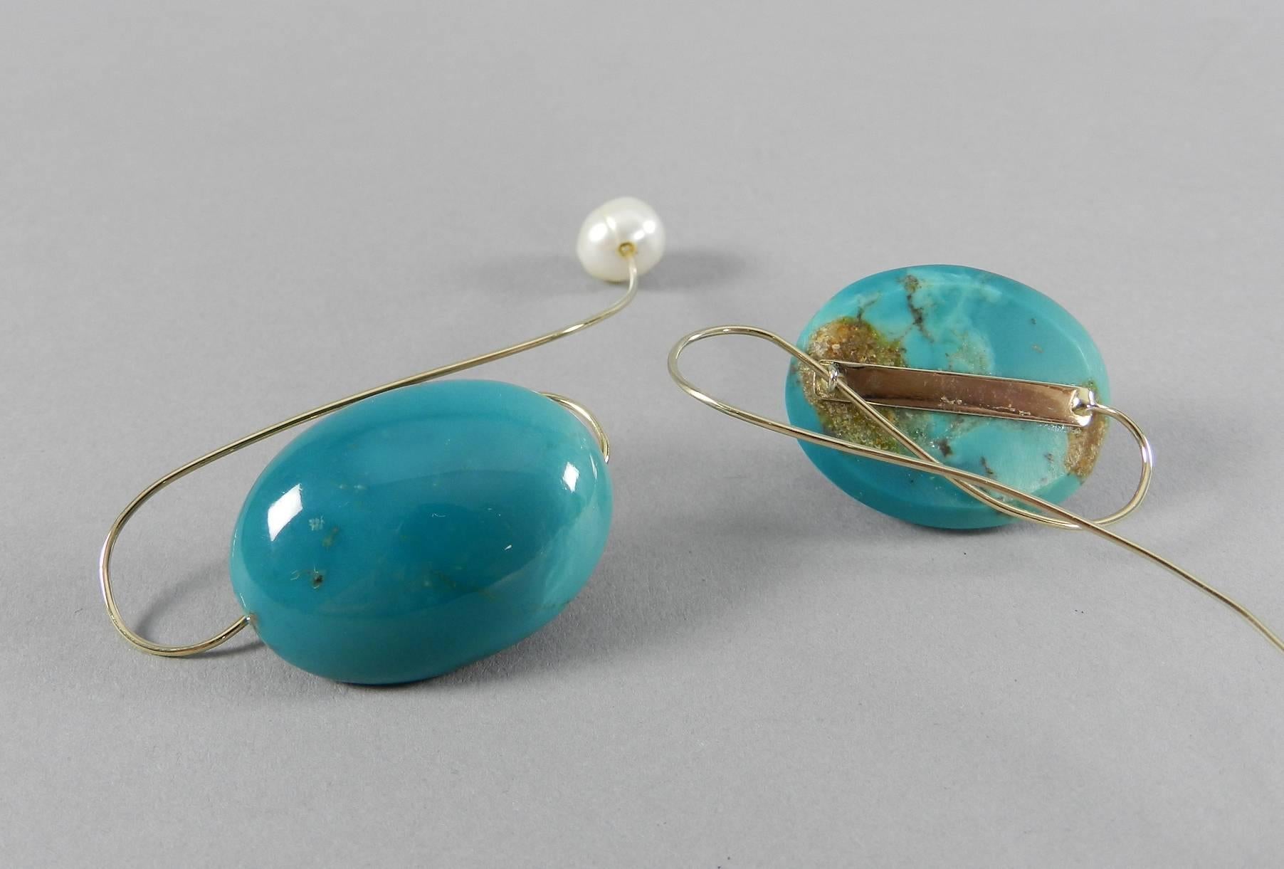 Angela Pintaldi Pearl Turquoise Gold Modernist Abstract Earring 2