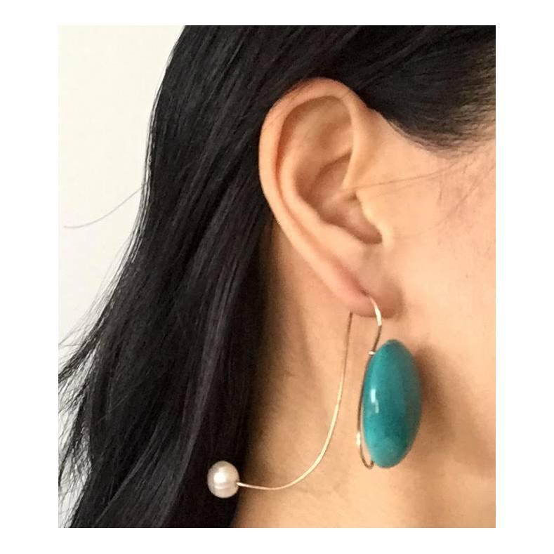 Angela Pintaldi Pearl Turquoise Gold Modernist Abstract Earring 4