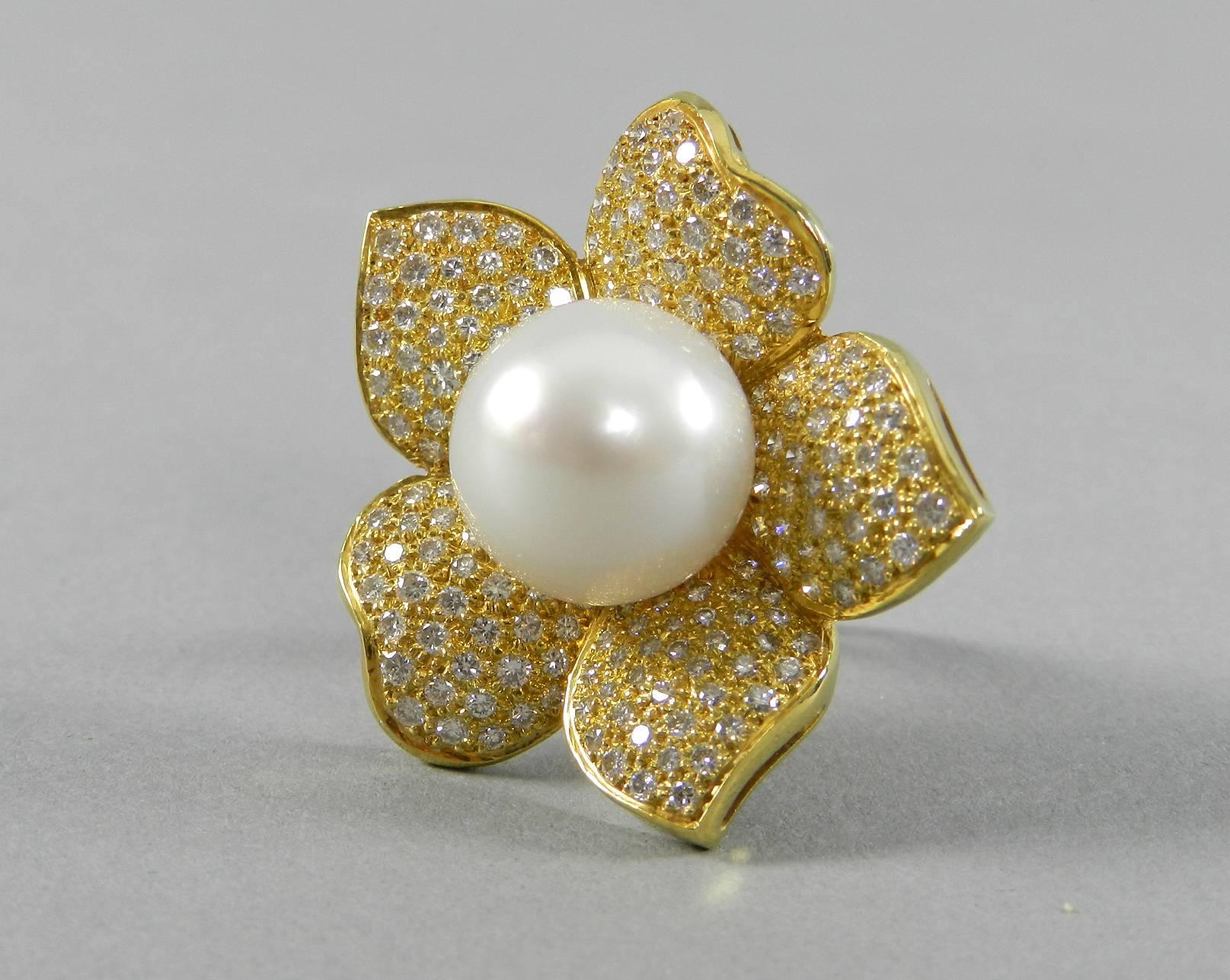 Pearl Diamond Gold Flower Earrings 1