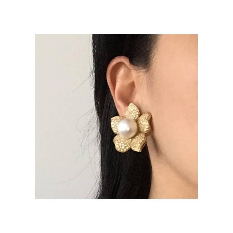Pearl Diamond Gold Flower Earrings 4