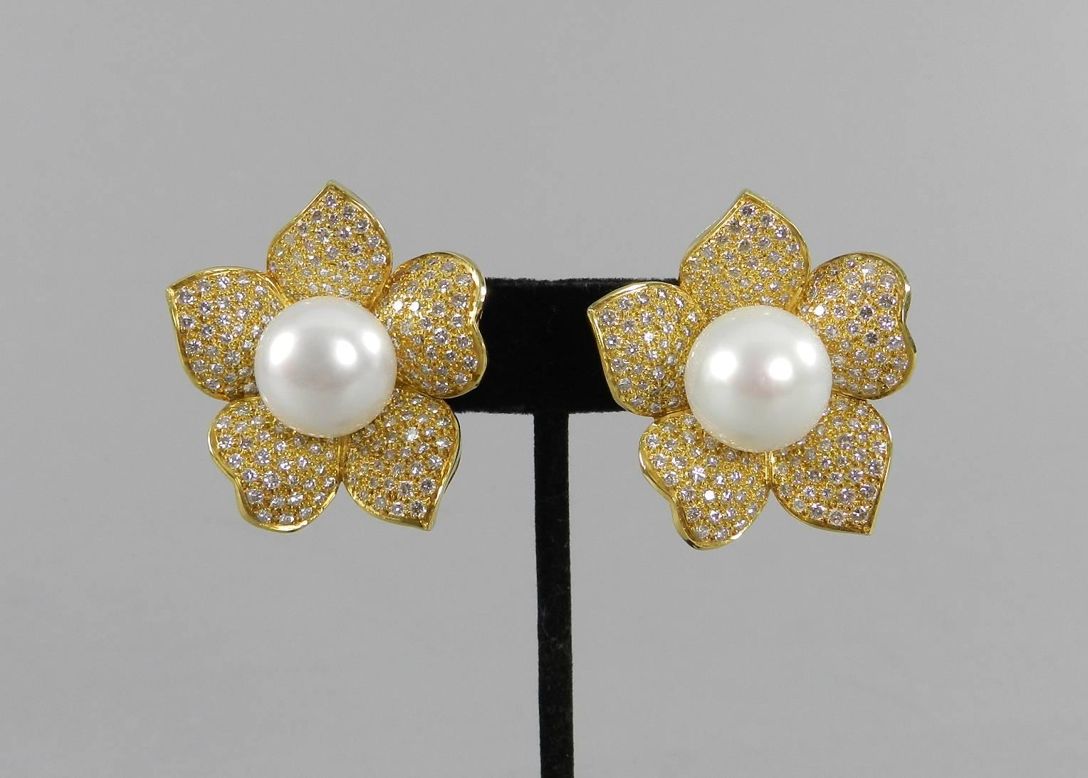 Pearl Diamond Gold Flower Earrings 5