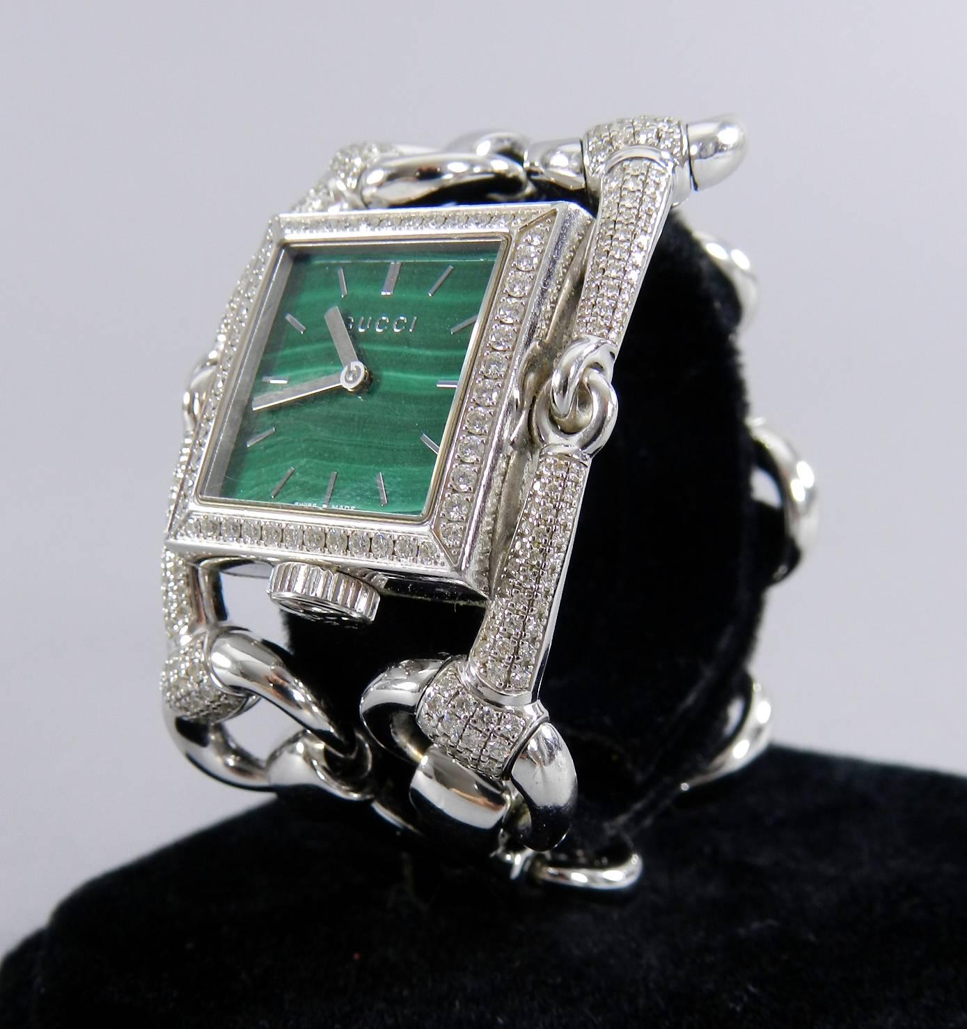 Women's or Men's Gucci Ladies White Gold Diamond Malachite Signoria Wristwatch Ref YA116306