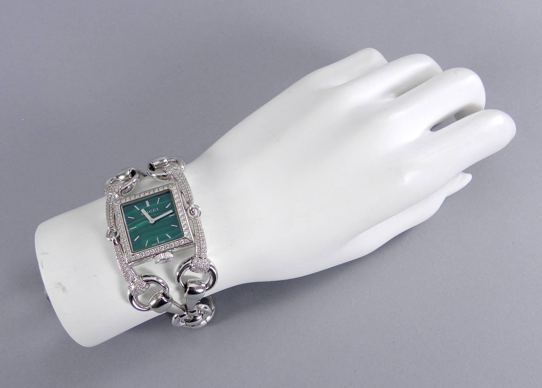 Gucci Ladies White Gold Diamond Malachite Signoria Wristwatch Ref YA116306 4