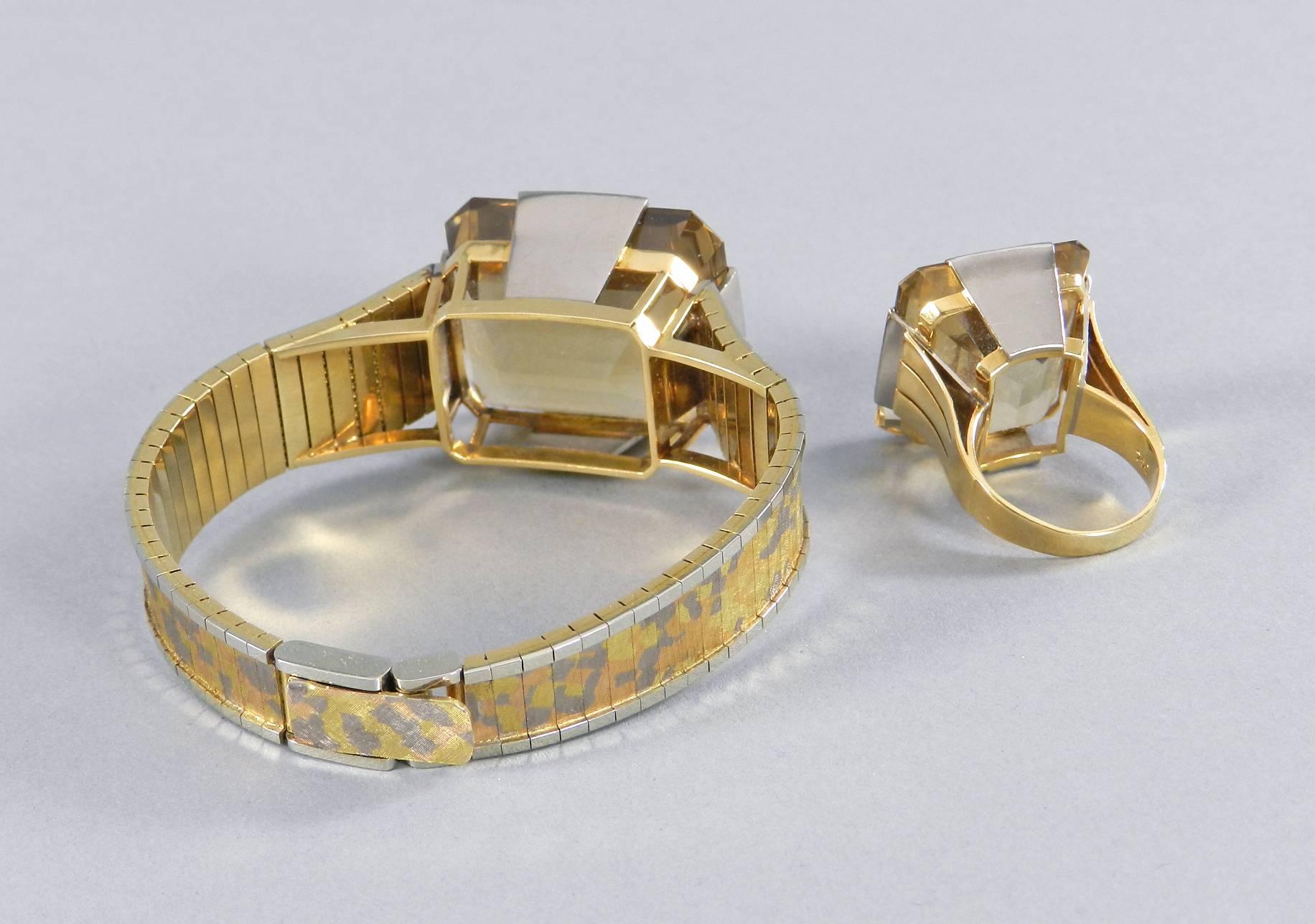Retro Style Eszeha Smoky Citrine Gold Bracelet and Ring Set For Sale 4