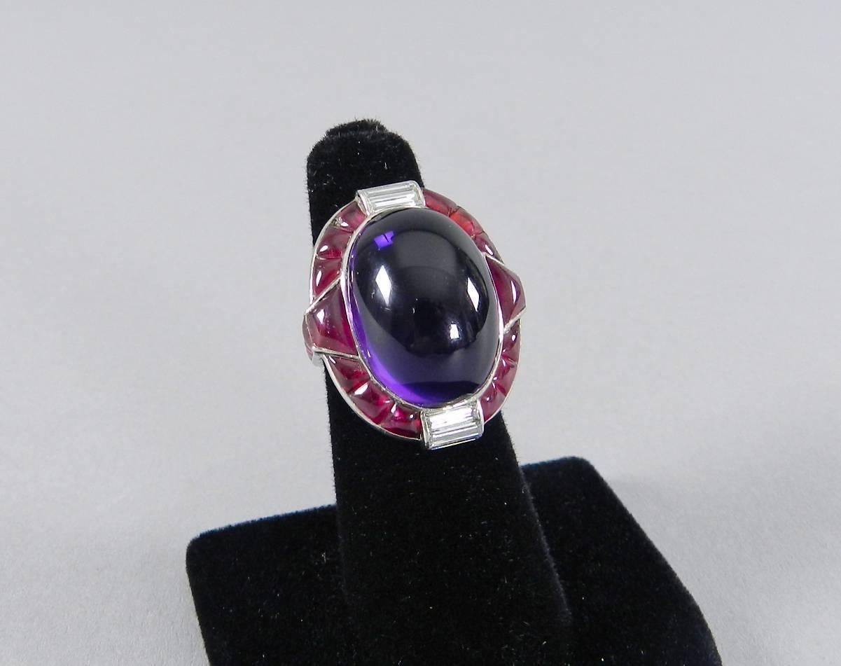Women's 1930s Verdura Art Deco Ruby Cabochon Amethyst Diamond Platinum Ring