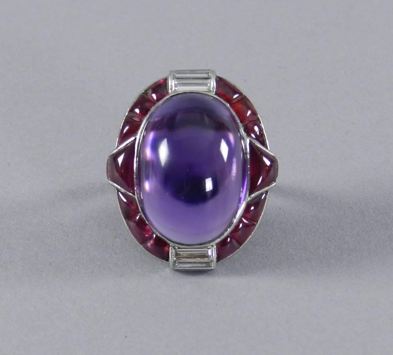 1930s Verdura Art Deco Ruby Cabochon Amethyst Diamond Platinum Ring 2