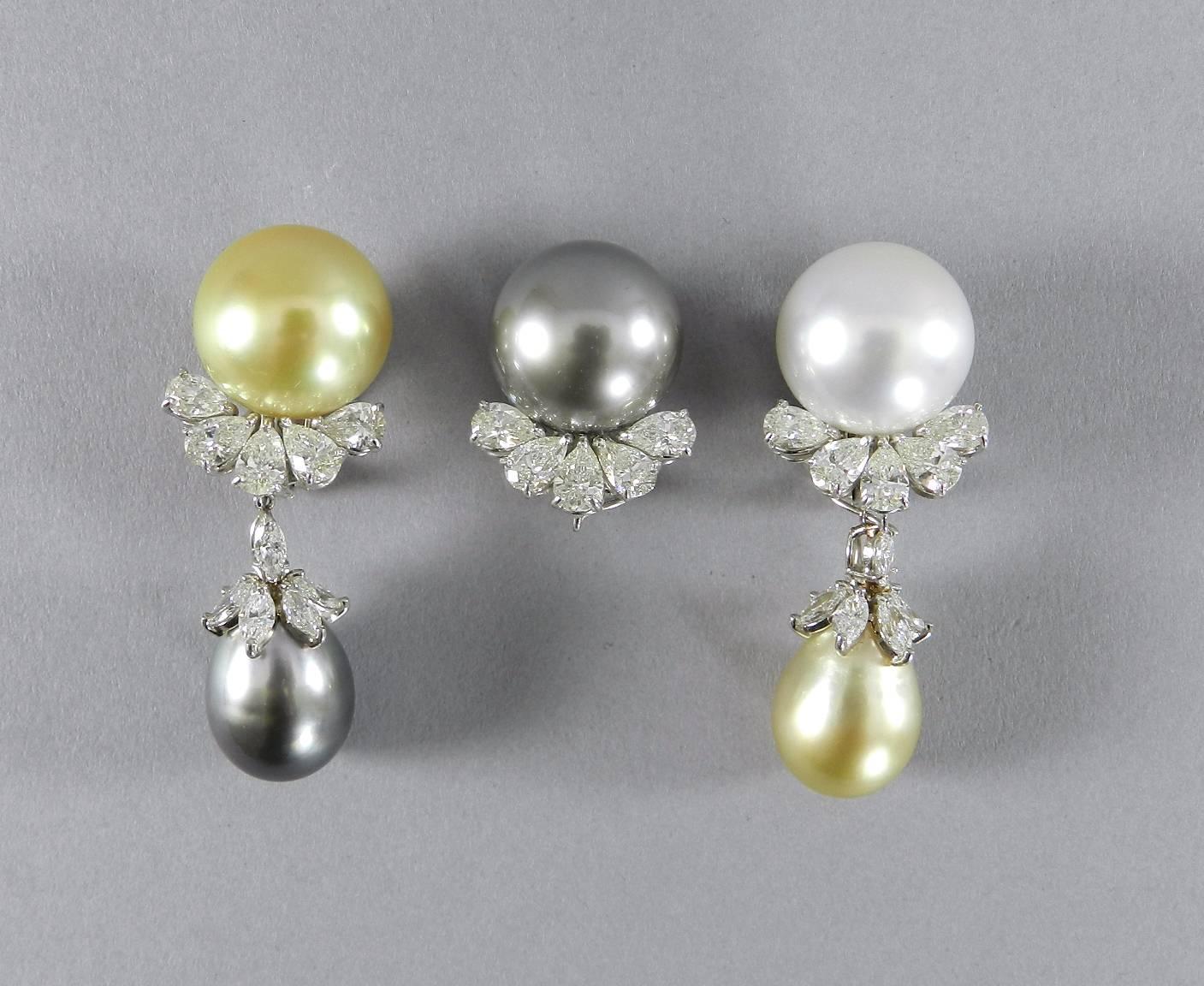 Giovane triple south sea pearl day to night platinum diamond drop earrings. Comes with 3 top clip earrings and 2 matching drops that can be worn interchangeably with the pearl earrings for a color combination of choice. Platinum setting. Total