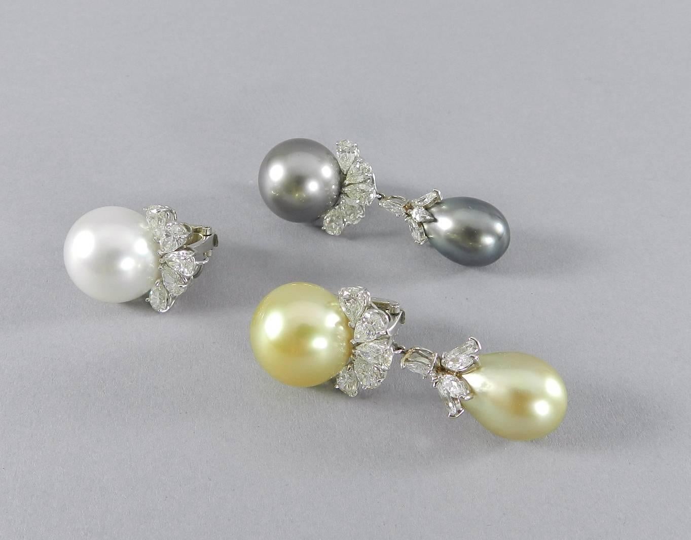 Giovane Triple South Sea Pearl Day to Night Diamond Platinum Drop Earrings In Excellent Condition In Toronto, Ontario