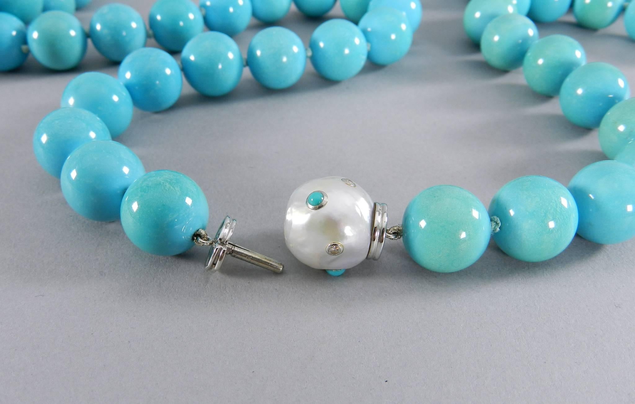 Women's or Men's Trianon Set of Three Turquoise Bead Necklaces with Pearl  and Gold Clasp