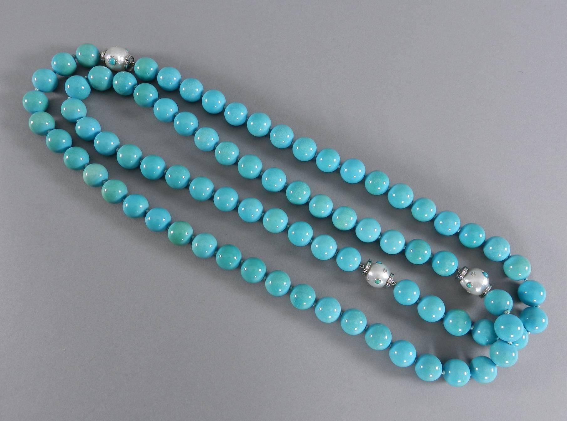 Trianon Set of Three Turquoise Bead Necklaces with Pearl  and Gold Clasp 2